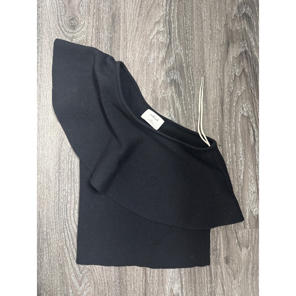 Wilfred Aritzia One Shoulder Ruffle Ribbed Knit Top Black XS Asymmetrical‎